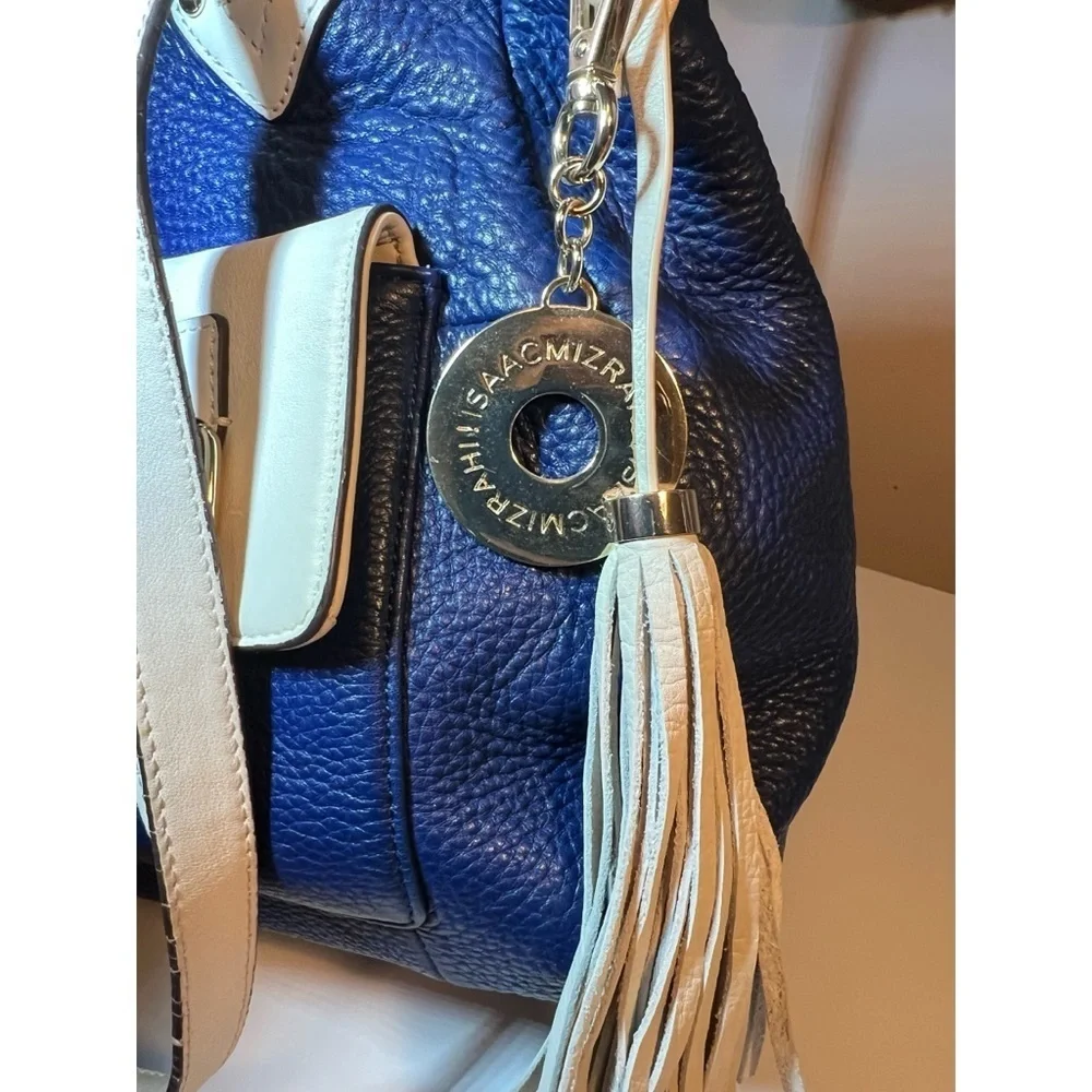 Navy & Cream Leather Satchel – Classic Buckle Detail Shoulder Tassel Bag GUC